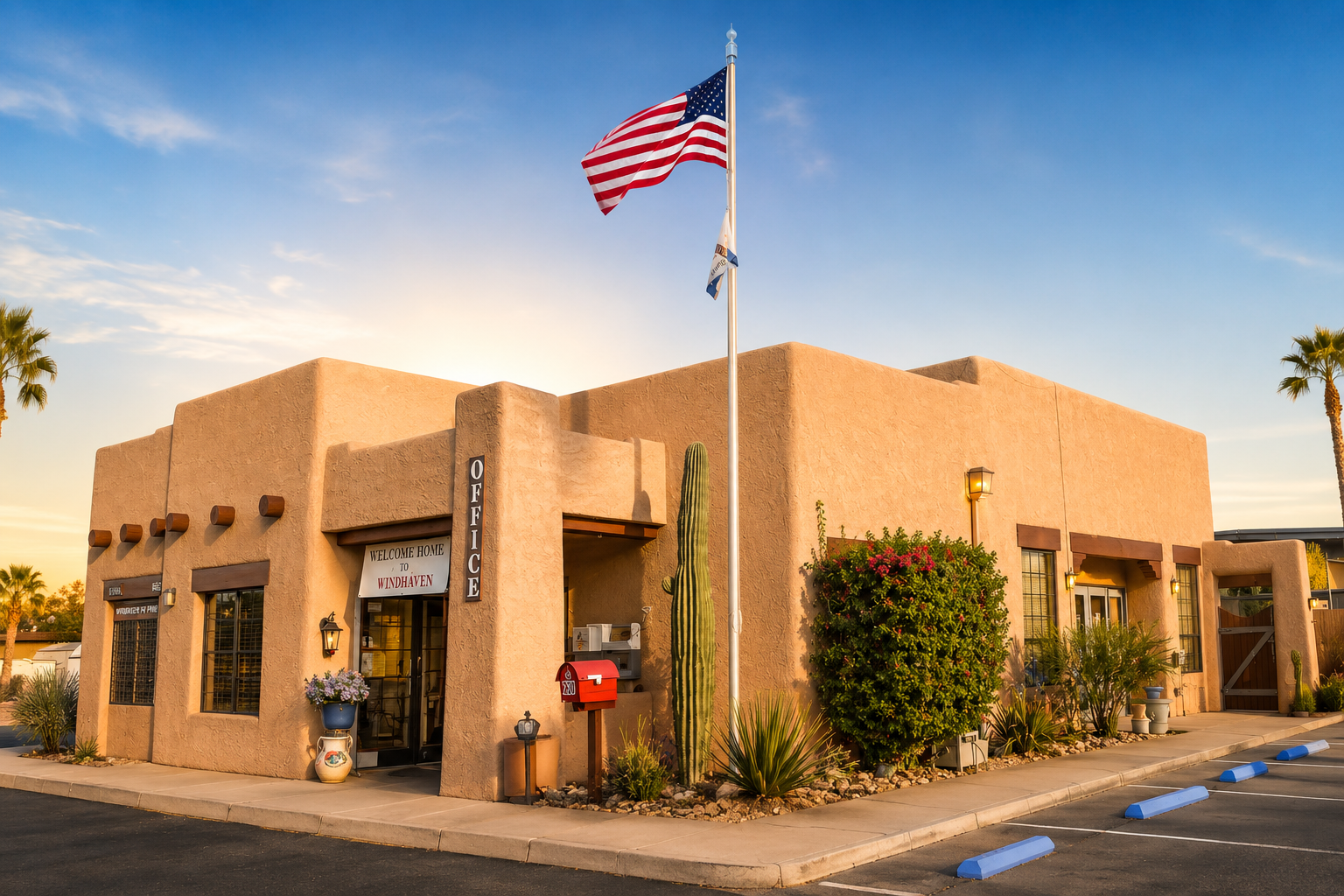 Welcome Home to Windhaven — adobe-style office at sunset