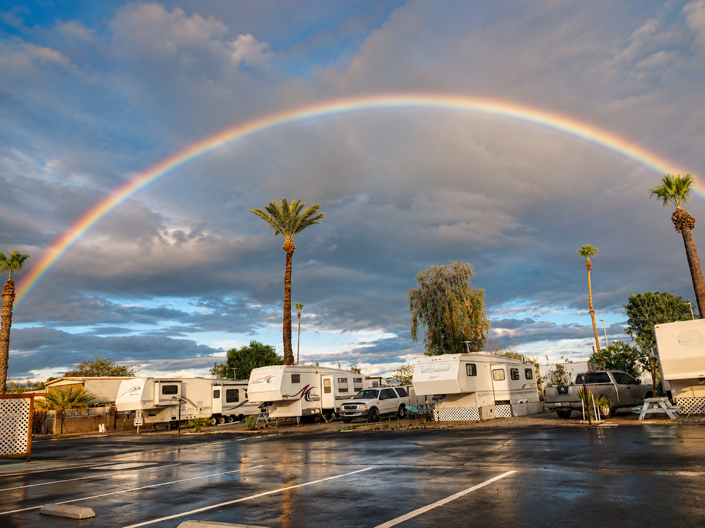 Rainbow arching over RV sites and palm trees after a desert rain