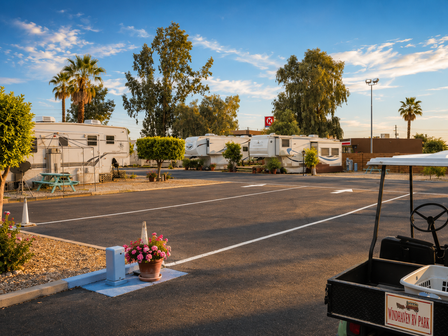 RV sites at Windhaven with golf cart and Circle K across the street