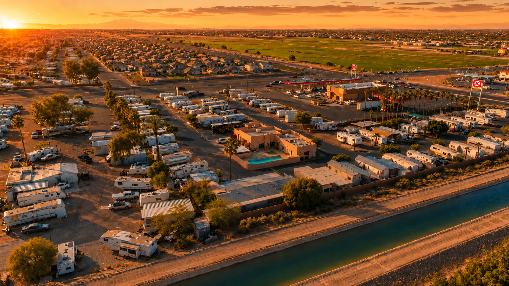 Aerial view of Windhaven RV Park at sunset in Yuma, Arizona