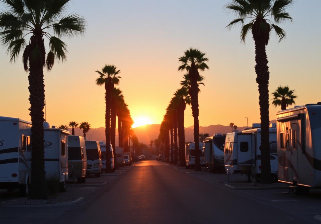 RV park street at sunset
